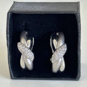 14K Solid White Gold Diamond Criss Cross X Omega Post Ladies Earrings